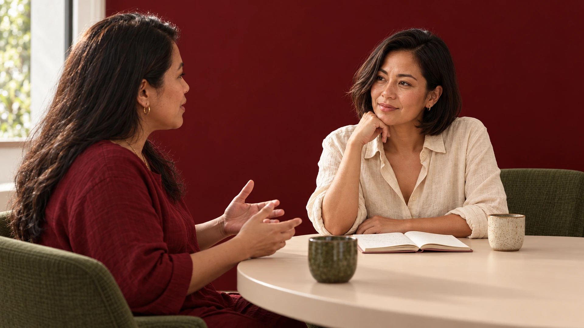 Eden giving her full attention to a client across a round table in an oxblood coaching studio.