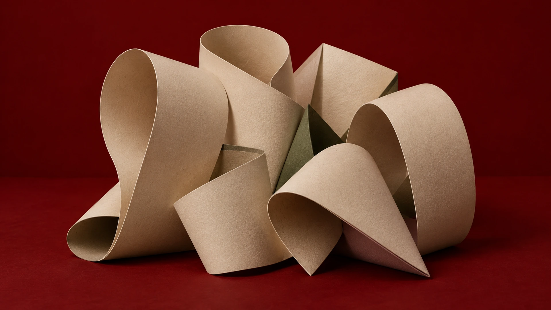 A tightly grouped arrangement of champagne paper folds and sage accents against an oxblood backdrop.